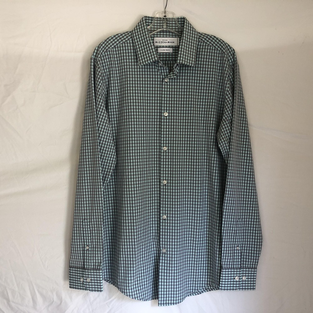 Mizzen+Main Dress Shirt Mens XL Blue Gingham Leeward Trim Fit Stretch Non Iron